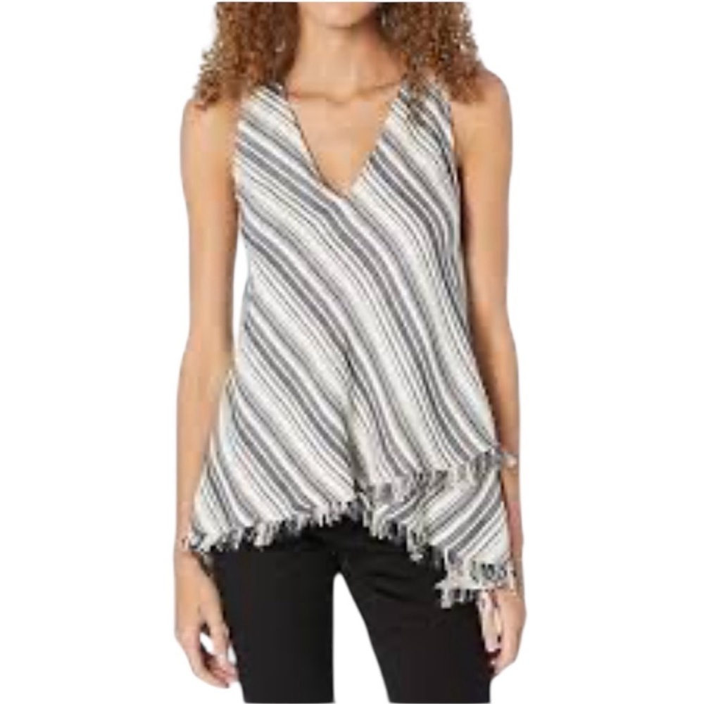 BCBG Maxazria Cream Black Striped Handkerchief Hem Frayed Tank Top Small Boho